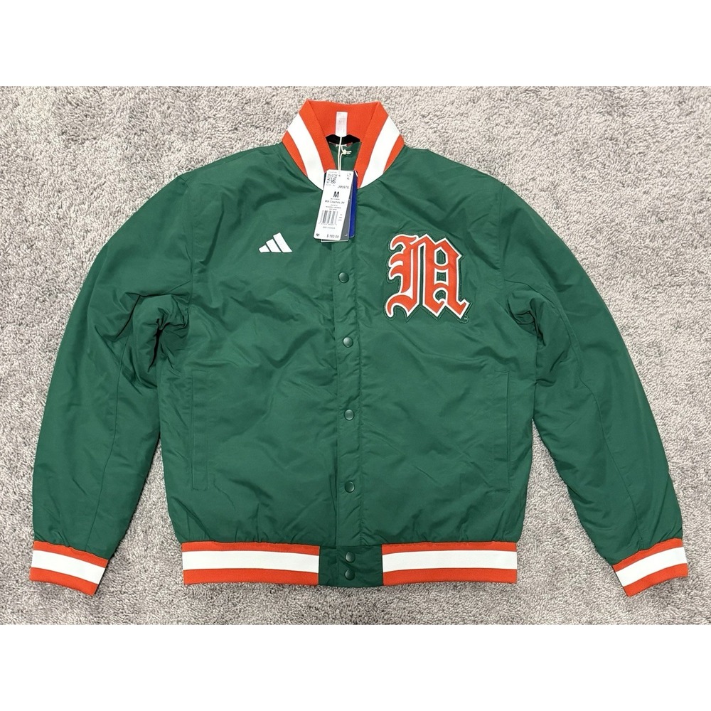 Adidas Miami Hurricanes Coaches Dugout Jacket Dark Green JM9976 Mens Size M NEW